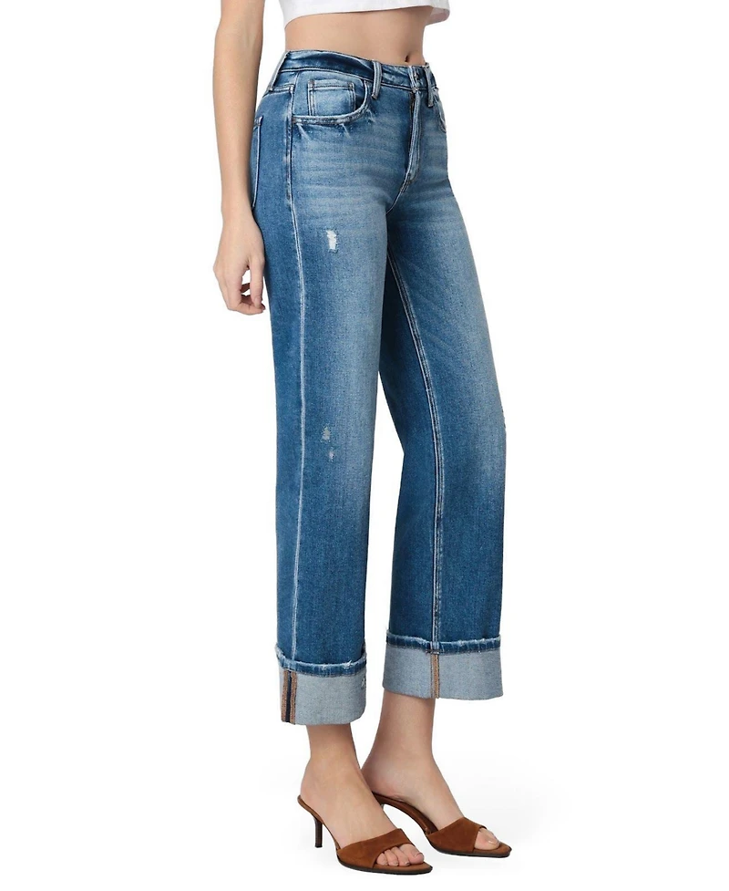 Flying Monkey Women's High Rise Cuffed Slim Wide Leg Jeans