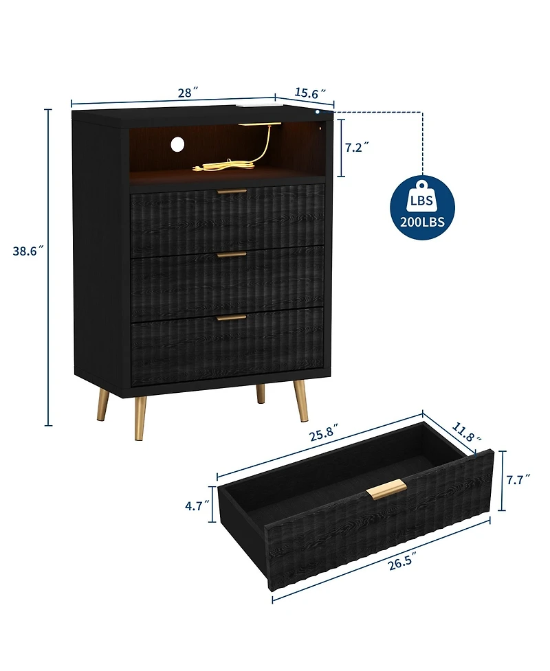 gaomon Fluted 3-Drawer Dresser for Bedroom, Modern White with Built-in Led Lights and Wave Front Design, Large Storage