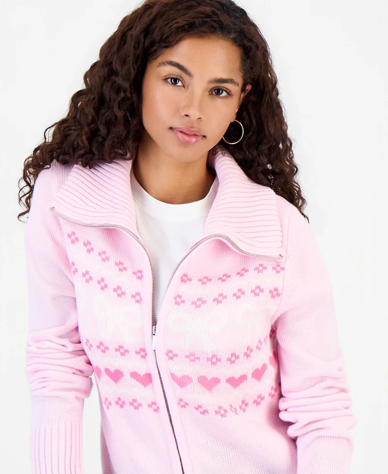Hooked Up by Iot Juniors' Fair Isle Double Zip Cardigan