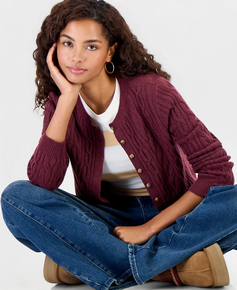 Hooked Up by Iot Juniors' Cable-Knit Crew-Neck Cardigan