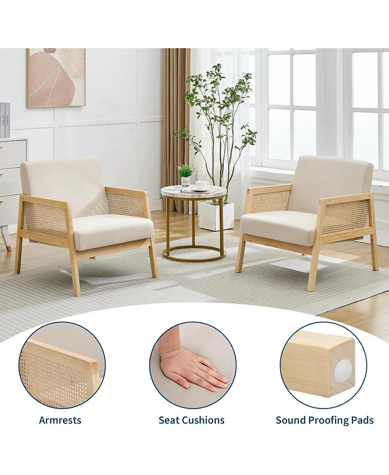 gaomon Set of 2 Mid Century Accent Armchairs – Upholstered Linen Lounge Chairs with Rattan Details, Sturdy Wood Legs