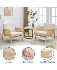 gaomon Set of 2 Mid Century Accent Armchairs – Upholstered Linen Lounge Chairs with Rattan Details, Sturdy Wood Legs