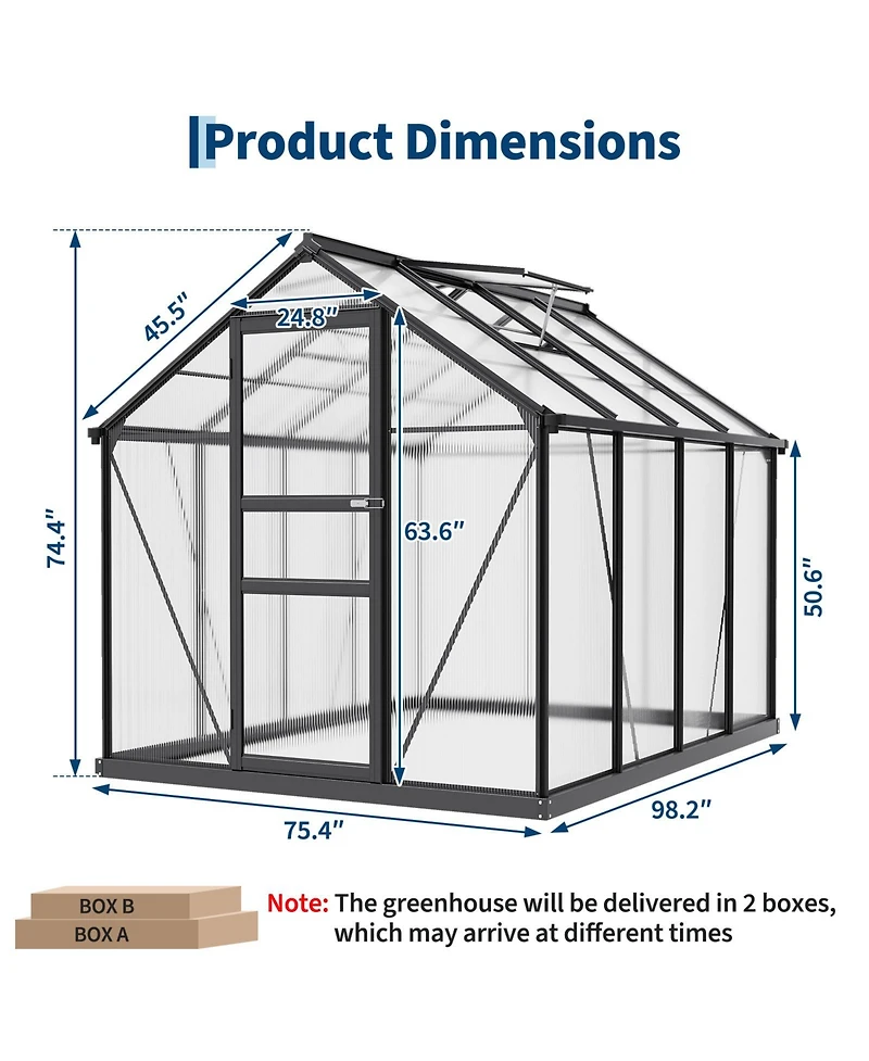 gaomon Polycarbonate Walk-In Greenhouse Heavy Duty Aluminum Frame, Lockable Sliding Door, Ground Stakes - Ideal for Garden, Backyard, Patio, Lawn