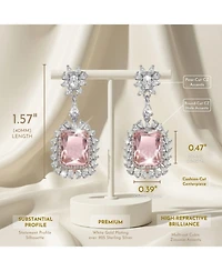 Sterling Silver with White Gold Plated Pink with Clear Cubic Zirconia Halo Drop Earrings