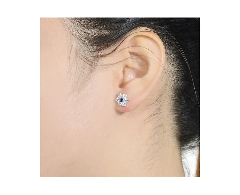 Sterling Silver Clear Round Cubic Zirconias Flower Shape Earrings