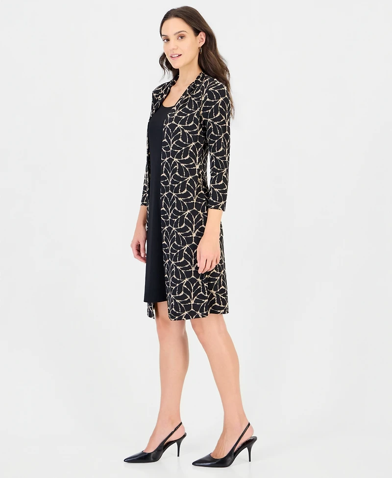 Connected Women's Geometric-Print Scoop Neck 3/4-Sleeve Jacket Dress