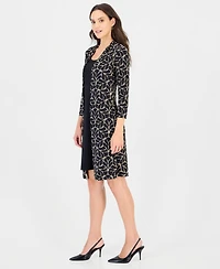 Connected Women's Geometric-Print Scoop Neck 3/4-Sleeve Jacket Dress