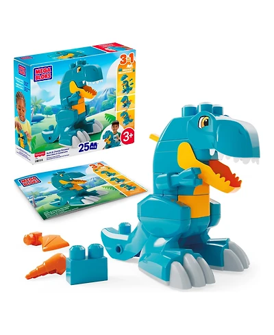 Mega Bloks Fisher-Price Build & Chomp Dinosaur with Rolling Wheels, 25-Piece Building Set, Ages 3+