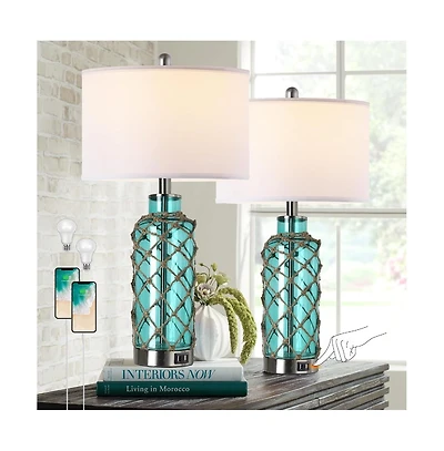 Sofucor 25" Cottage Nautical Accent Table Lamp Set of 2, Touch Control Coastal Blue Green Glass Rope Net Bedside Lamp with 2 Usb Ports