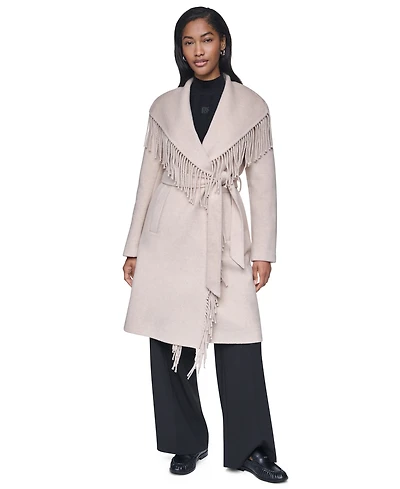 Dkny Women's Double Faced Fringe Wrap Coat