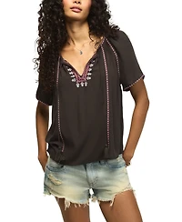 Lucky Brand Women's Embroidered Peasant Short-Sleeve Top