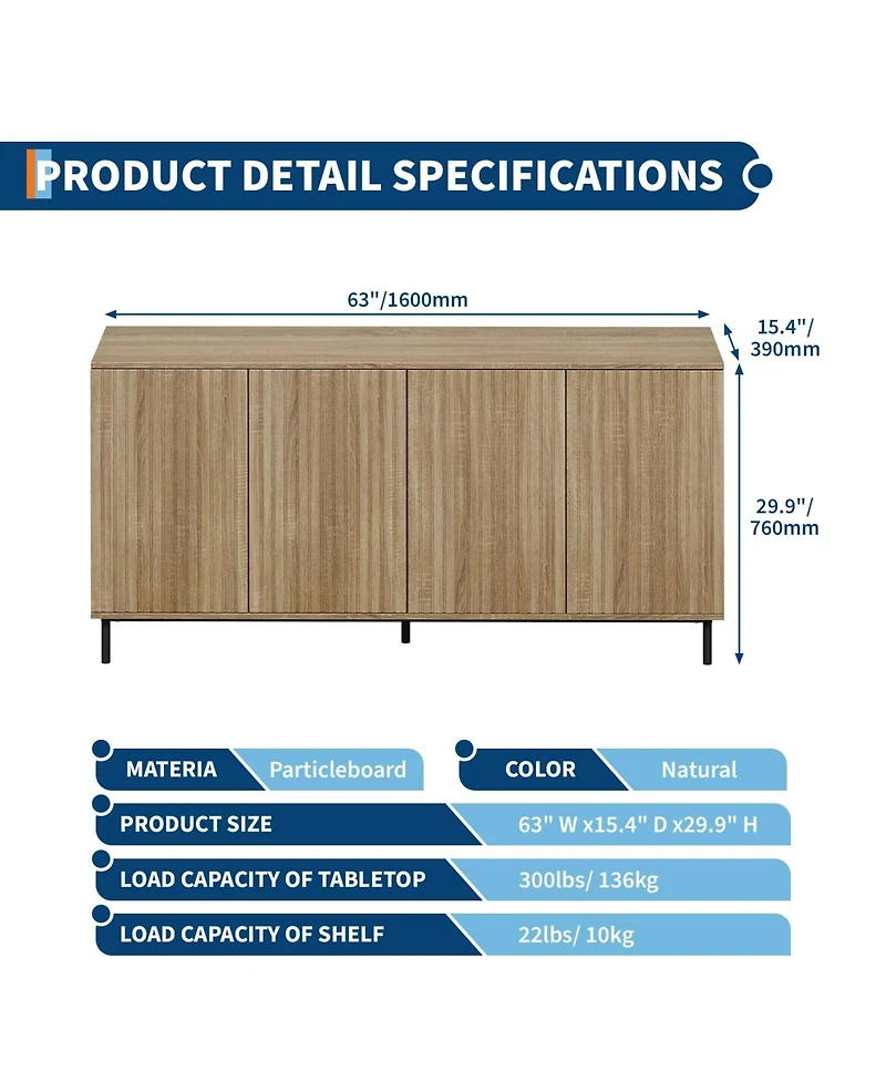homfan 63-Inch Fluted Sideboard Buffet Cabinet with 4 Grooved Doors, Metal Legs and Adjustable Shelves, for Kitchen, Dining Room and Living Room