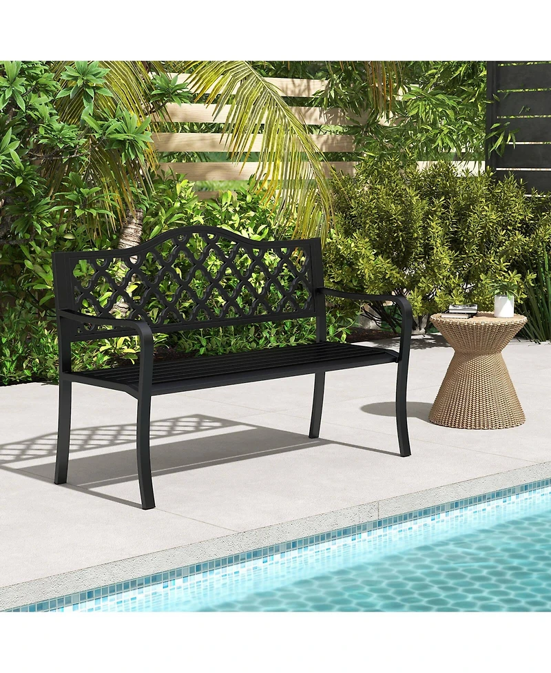 Costway Patio Bench Slatted Metal Garden Bench for 2-3 People Park-Style Loveseat