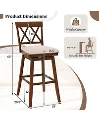 Costway 29 Inch Bar Stool Wooden Chair with Contoured Backrest Swivel Padded Seat for Kitchen
