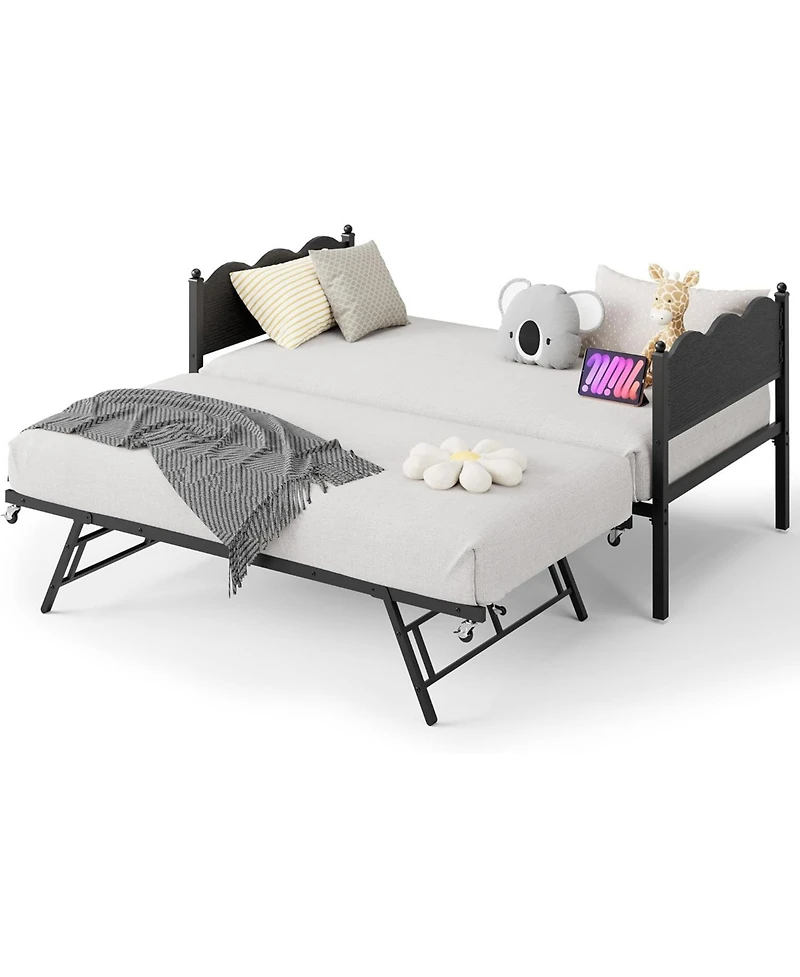gaomon Daybed with Trundle, Twin Day Bed Metal Slat Support and Lockable Casters, Wavy Headboard Wood Grain, Space Saving Sofa