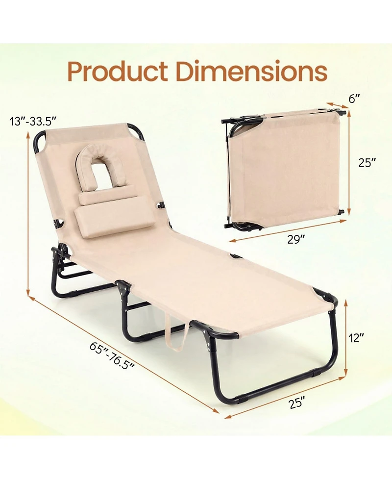 Sugift Face Down Tanning Chair with 3 Removable Pillows and 4-Position Backrest