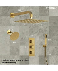 Everstein Thermostatic Dual Showerheads System Wall Mount 12" High-Pressure Rainfall Shower Faucet with Handheld Spray