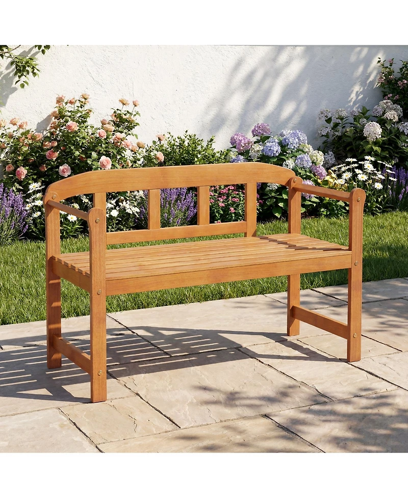 Gymax Outdoor Acacia Wood Garden Bench 2-Seater Loveseat with Backrest Angled Armrests