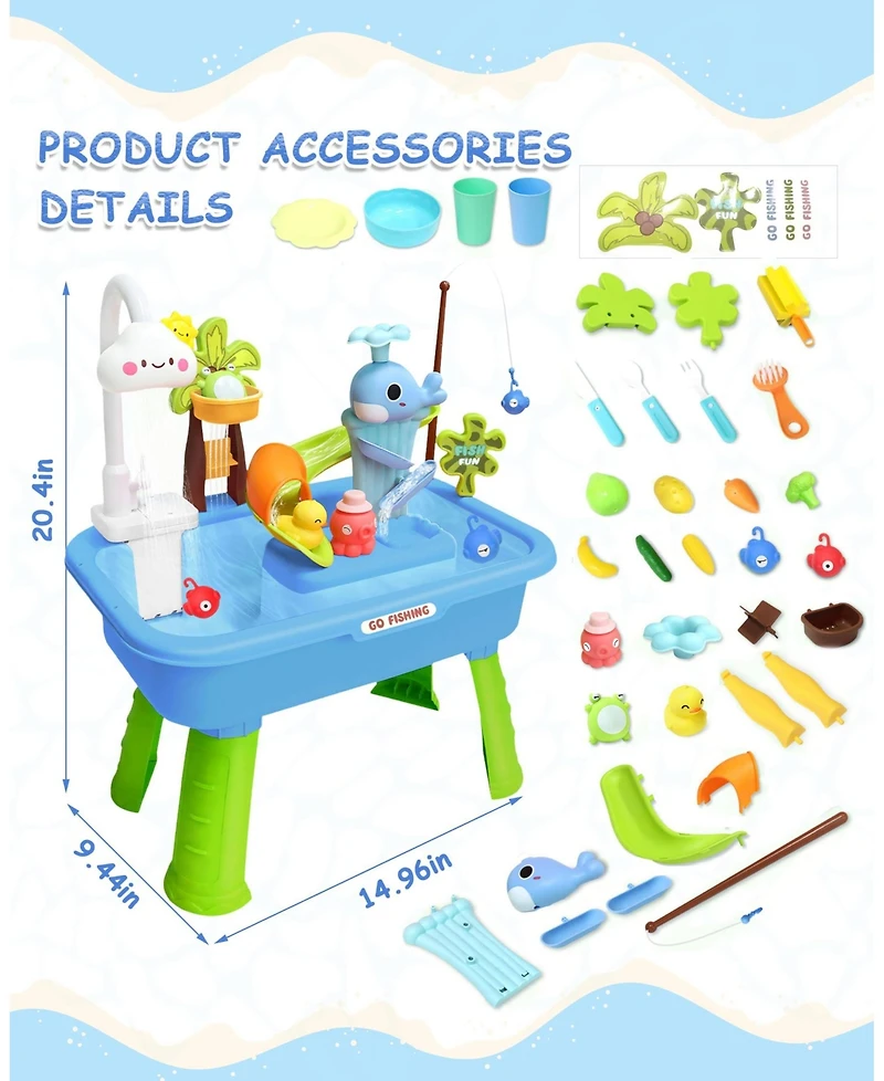 Gnuadz 4-in-1 Electric Water Table Play Sink Running Faucet Sensory Fishing Game