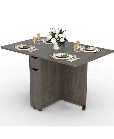 gaomon Folding Dining Table with Storage, Folding Kitchen Table with 6 Wheels, Drawer and Shelves, Compact Dining Table for Small Spaces