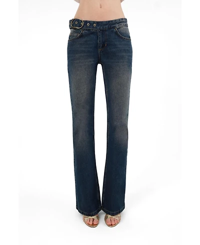 Nocturne Women's Belted Denim Flare Trousers