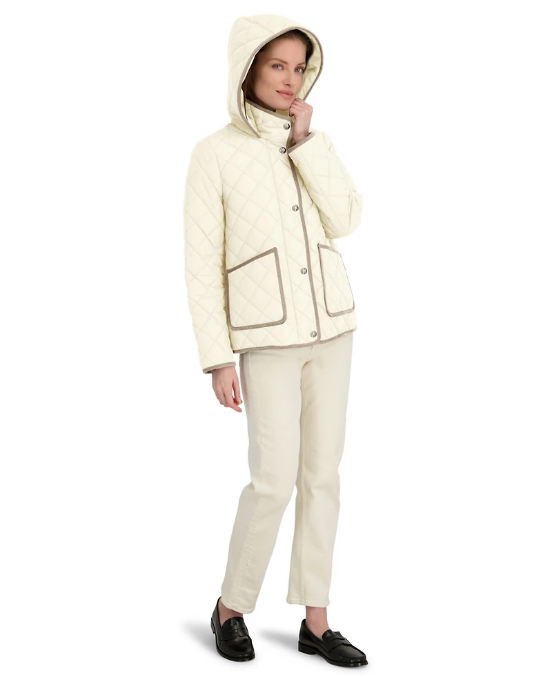 Tahari Women's Hooded Cordouroy Trim Quilted Coat