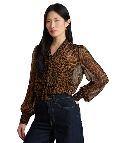 Lauren Ralph Women's Ocelot-Print Chiffon Tie-Neck Blouse