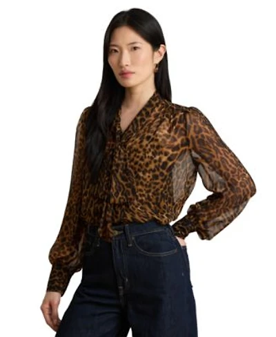 Lauren Ralph Lauren Womens Ocelot Print Chiffon Tie Neck Blouse