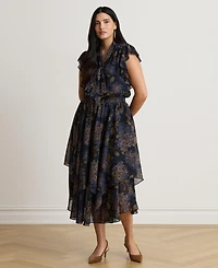 Lauren Ralph Women's Floral Crinkle Georgette Tie-Neck Midi Dress