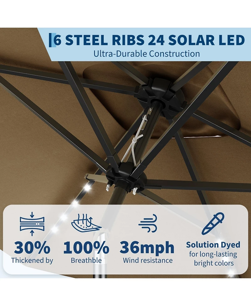 gaomon Solar Powered Rectangular Patio Umbrella With Led Lights - Outdoor Market Table Umbrella, Push Button Tilt, 6 Sturdy Ribs For Garden, Deck