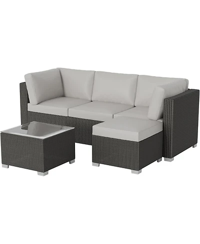 gaomon 5-Piece Outdoor Patio Rattan Wicker Sofa Set, Pe Rattan Conversation Sectional with Thickened Back Cushion, Glass Tabletop