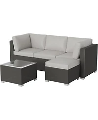 gaomon 5-Piece Outdoor Patio Rattan Wicker Sofa Set, Pe Rattan Conversation Sectional with Thickened Back Cushion, Glass Tabletop