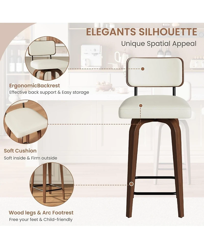gaomon Set of 2 Swivel Bar Stools, 26 Inch Upholstered Counter Height Bar Stools with Back and Wood Legs