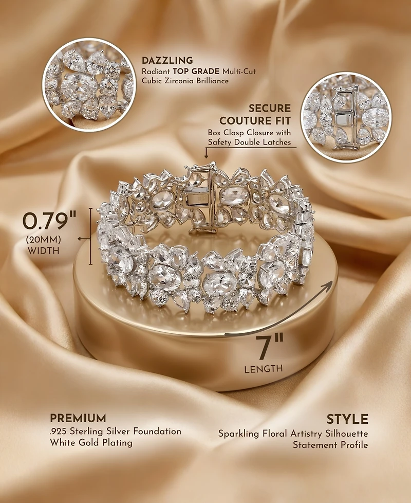 Genevive Exquisite Rhodium-Plated Sterling Silver Flower Bracelet with Cubic Zirconia