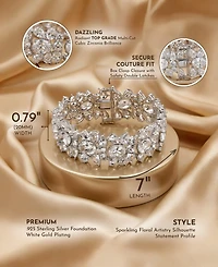 Genevive Exquisite Rhodium-Plated Sterling Silver Flower Bracelet with Cubic Zirconia