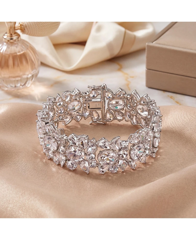 Genevive Exquisite Rhodium-Plated Sterling Silver Flower Bracelet with Cubic Zirconia