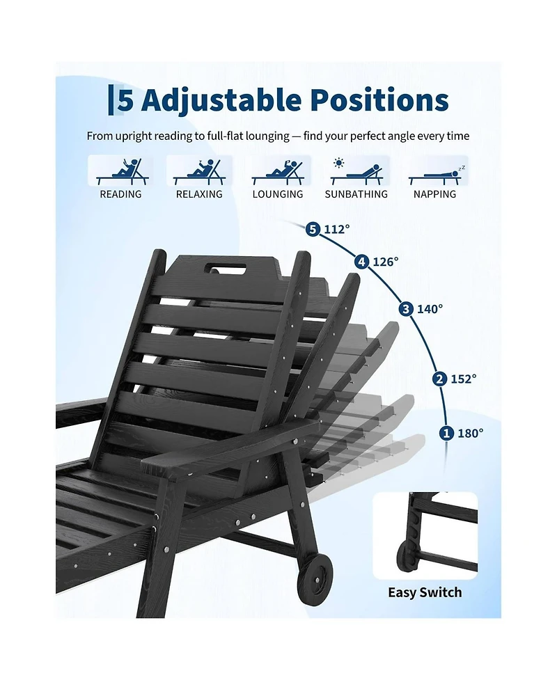 gaomon All-Weather Chaise Hdpe Lounge Chair, Built-in Cup Holder and Rolling Wheels for Patio, Poolside, Deck, Backyard