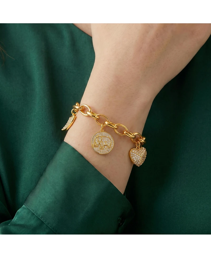 Gigi Girl Kids/Young Teens 14k Yellow Gold Plated with Cubic Zirconia Tusk, Elephant & Heart Dangle Charm Adjustable Bracelet