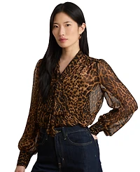 Lauren Ralph Women's Ocelot-Print Chiffon Tie-Neck Blouse