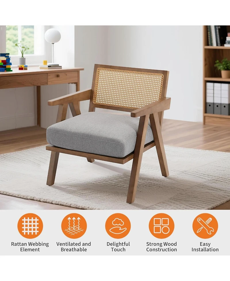 gaomon Mid Century Accent Chairs Set of 2, Rattan & Linen Cushion Armchairs