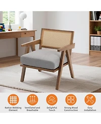 gaomon Mid Century Accent Chairs Set of 2, Rattan & Linen Cushion Armchairs