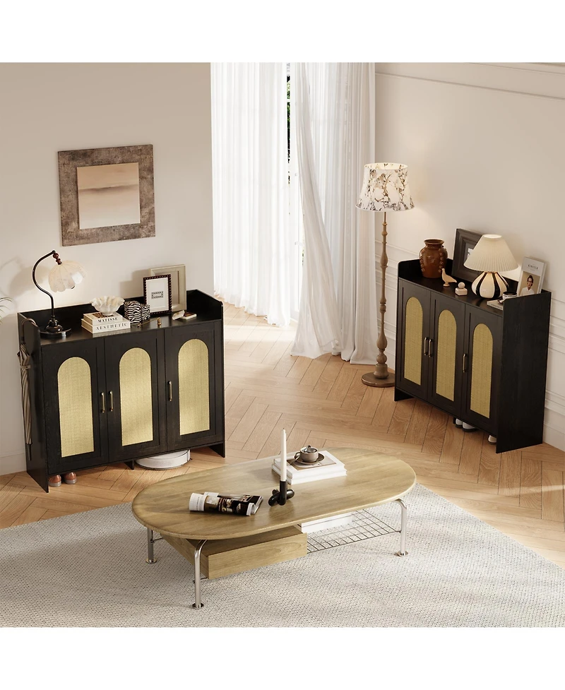 gaomon Shoe Cabinet Storage for Entryway, Rattan Cabinet, Wooden Rack with 3 Doors
