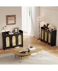 gaomon Shoe Cabinet Storage for Entryway, Rattan Cabinet, Wooden Rack with 3 Doors