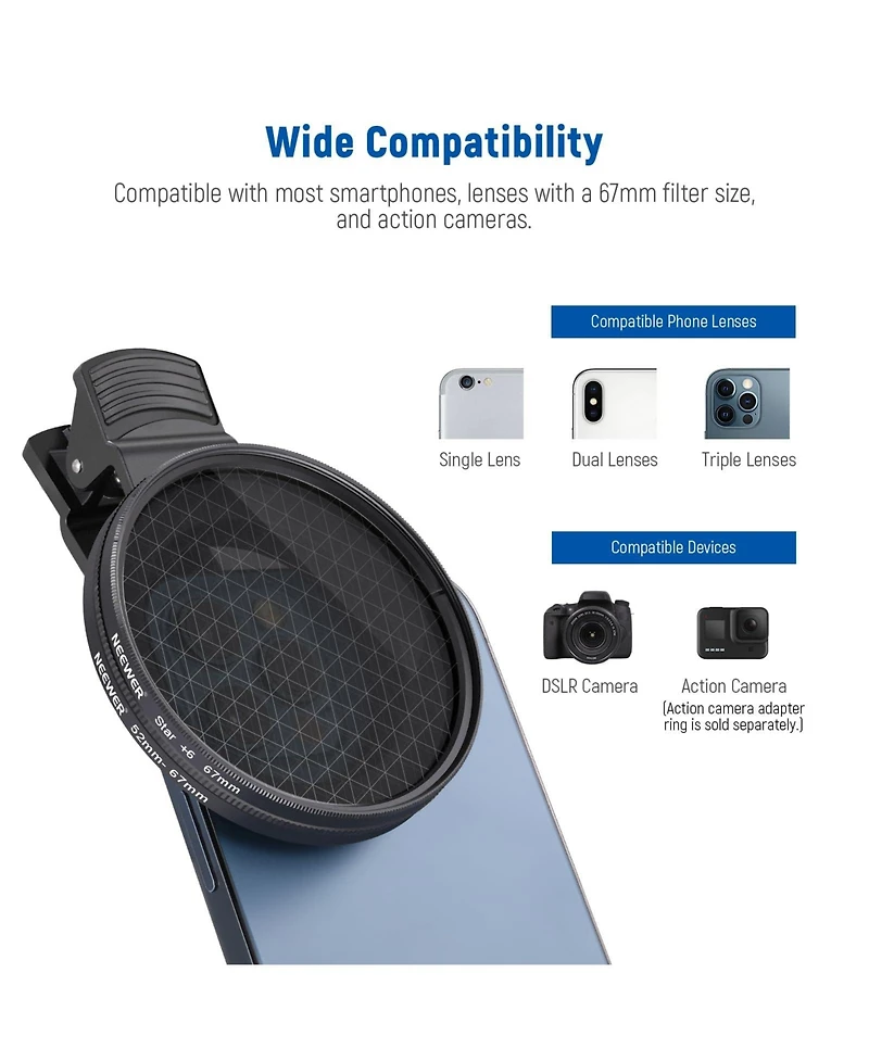 Neewer S25 Cpl Optical Glass Camera Lens Accessory for select iPhone and Android mobile devices