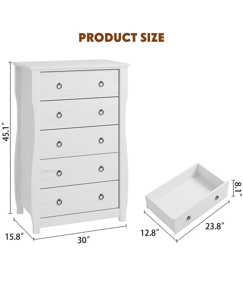 homfan 5-Drawer Dresser for Bedroom – Modern Wood Chest with Large Storage, 45 Inch Tall Organizer Cabinet with Metal Ring Handles for Closet