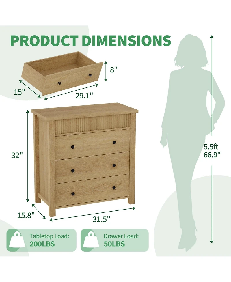 homfan 3 Drawer Dresser for Bedroom Nightstand Wooden Chest of Drawers, Fluted End Table, Storage Organizer for Living Room, Hallway and Entryway
