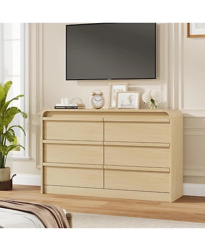homfan Farmhouse Tv Stand for 75 Inch Tv – Entertainment Center with 6 Storage Drawers and Curved Design, Wooden Media Console for Living Room