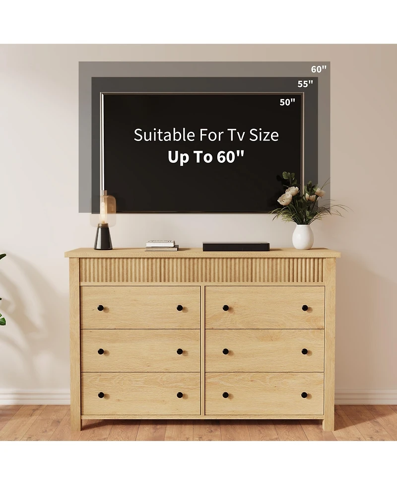 homfan 6-Drawer Wood Storage Dresser Fluted-Shape Chest of Drawers, 47.2" Organizer Cabinet for Bedroom, Living Room and Nursery