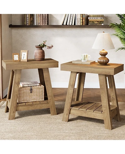 Tribesigns 2-Tier Wooden End Table Set of 2, Farmhouse Style, Rustic Grey, Small Sofa Side Table with Storage, Slim Nightstand