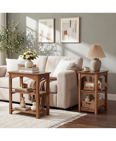 Tribesigns 3-Tier Solid Wood End Table Set of 2, Narrow Side Table with Storage Shelves, Solid Wood Sofa Side Table, Slim Nightstand Bedside Table